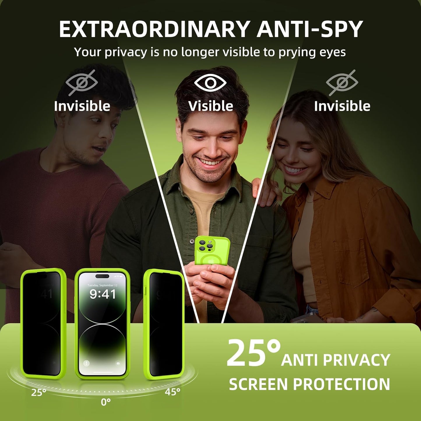 BERFY Magnetic for iPhone 14 Pro Max Case,Compatible with MagSafe,Built-in Privacy Screen Protector and Upgraded Camera Protection,Anti-Spy Full Body Shockproof Phone Case for 14 Pro Max, Bright Green