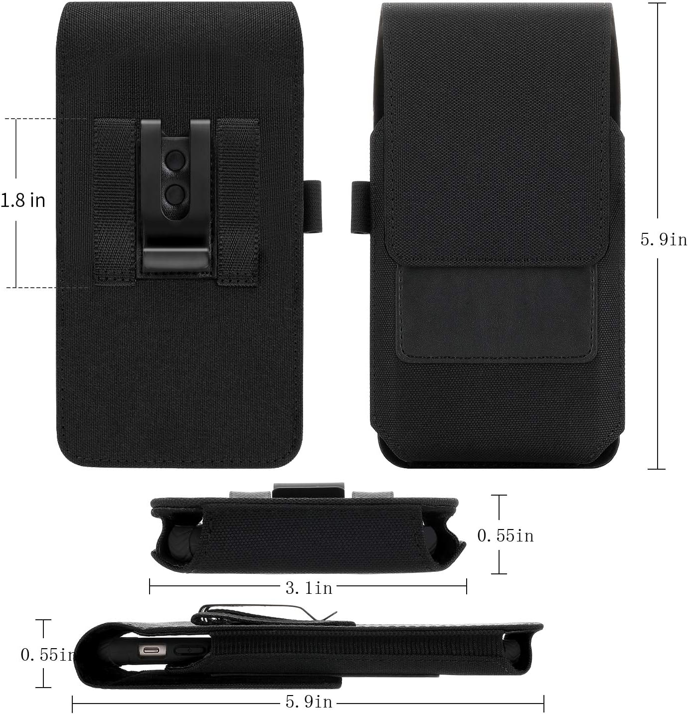 BECPLT Nylon Cell Phone Holster Case with Belt Clip - Fits iPhone 12/13/14 Pro, X, Xs, 10, Galaxy S21/S22/S23, Pixel 4/5, LG G4/G5/G6 (With Thin Case On)