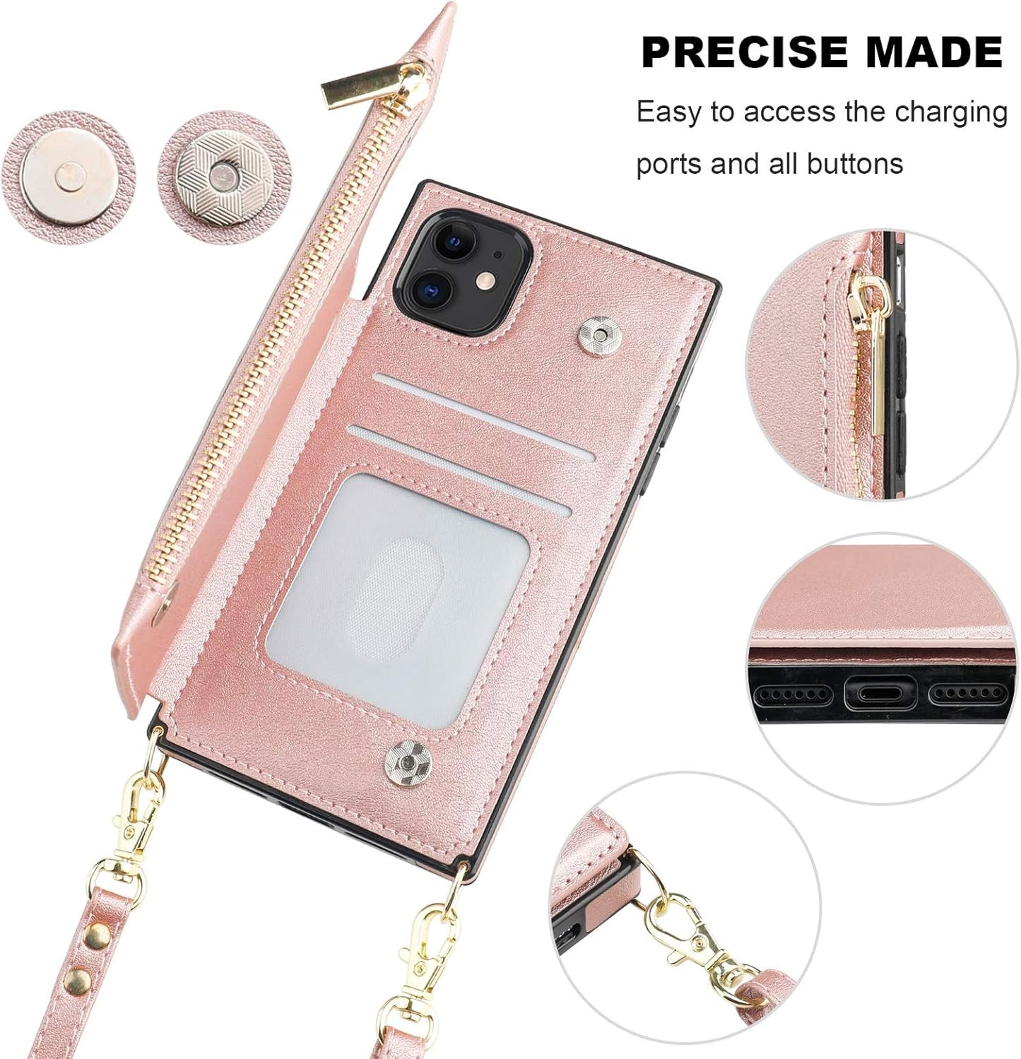 Bocasal Crossbody Wallet Case for iPhone 11 with Card Holder,Zipper Card Slot Protector Shockproof Purse Cover with Removable Cross Body Strap 6.1 Inch(Rose Gold)