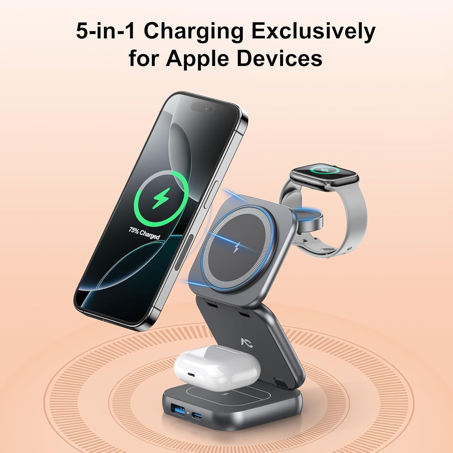 5-in-1 Wireless Charger for MagSafe, AC ISLAND Portable Travel Charging Station, 15W Max Fast Foldable Magnetic Stand, Evolved for iPhone 16/15/14/13 Series, Apple Watch, AirPods (with 35W Adapter)