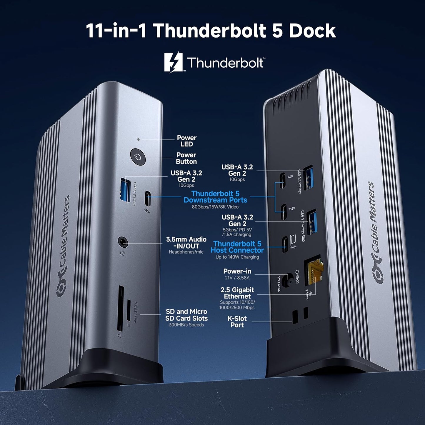 Cable Matters [Intel Certified] 11-in-1 Thunderbolt 5 Dock with Thunderbolt Share, 3X Thunderbolt 5 Ports, 2.5GbE, 3X USB 3.2 Ports, up to Triple 4K@144Hz on Windows 11, Dual 6K@60Hz on macOS, 140W PD