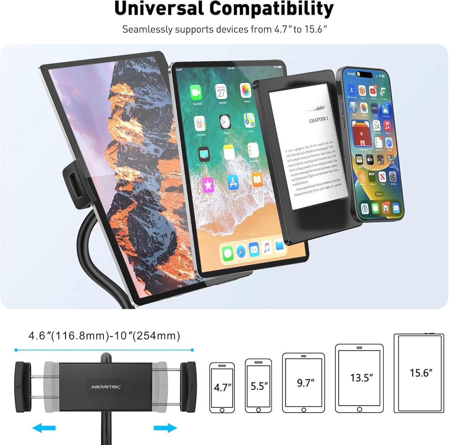 AboveTEK iPad Holder for Bed, Adjustable Tablet Bed Stand Mount, 360° Hands-Free Kindle Holder for Reading in Bed, Compatible w/ 4.7"-15.6" Tablets/iPads/Kindles/Phones/Samsung - Durable & Flexible