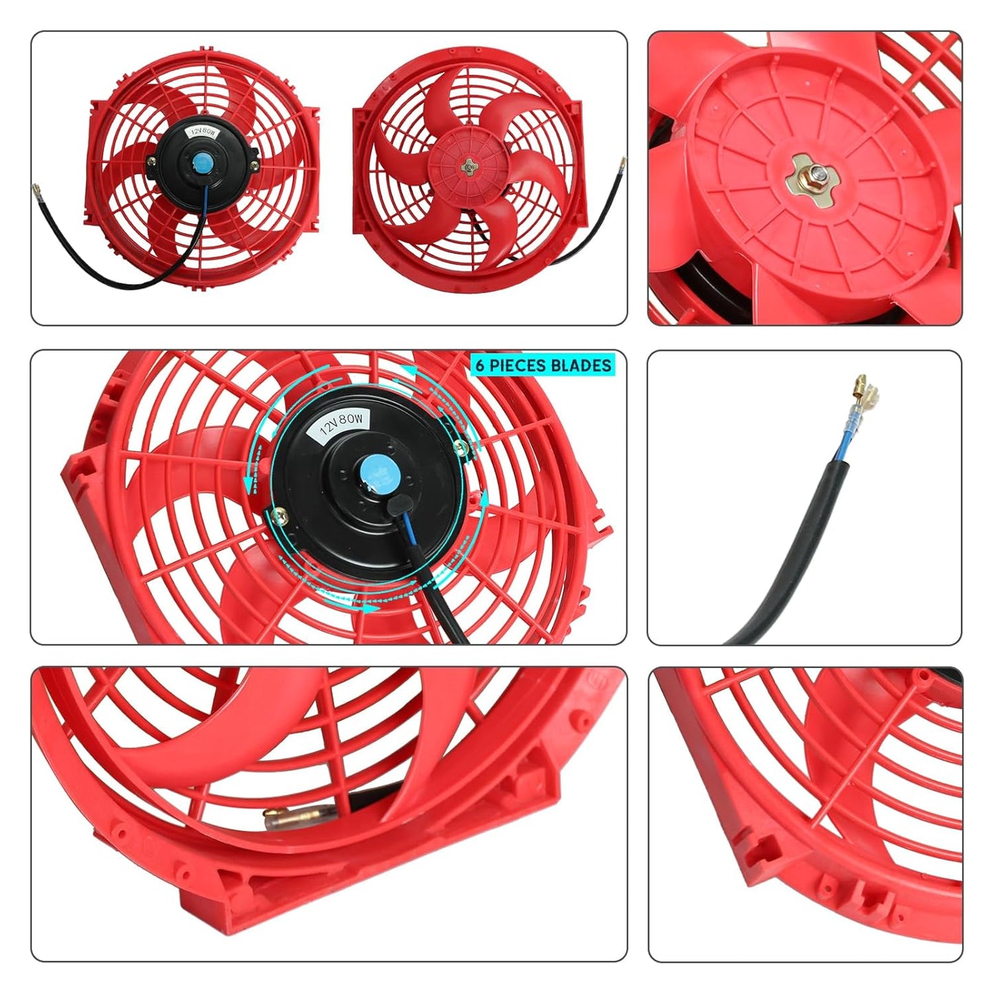 2PCS 10 inch Slim Fan Push Pull Electric Radiator Cooling 12V 80W Mount Universal Kit Red