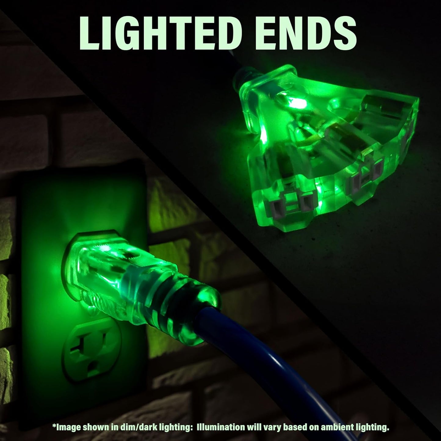 25 ft - 12 Gauge Heavy Duty Extension Cord - Lighted on Both Ends - SJTW Blue - Outdoor Extension_Cord Waterproof 25 ft by Premier Wire - 15 Amp ExtensionCord (25 Foot 12-Awg Power Cord Blue)