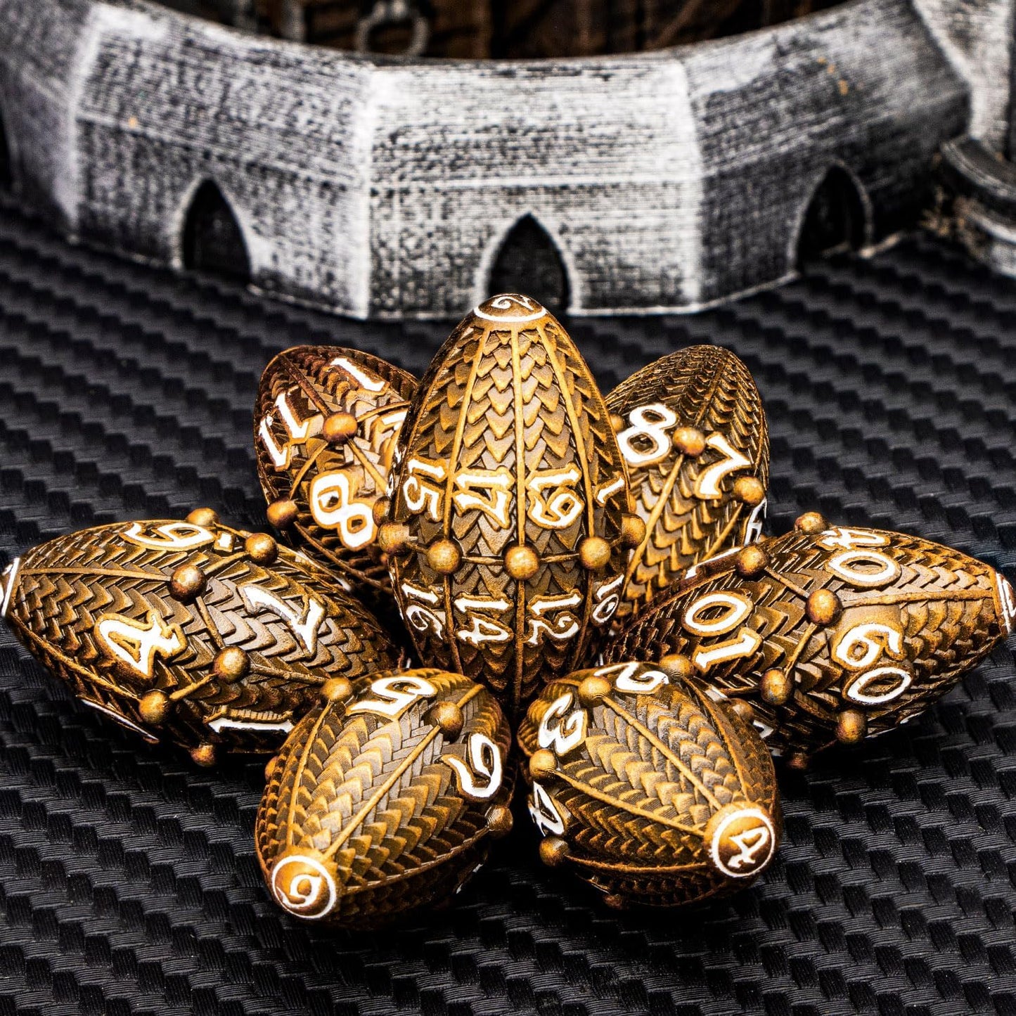 ARUOHHA DND Metal Dice Antique Gold Dragon Egg Dice with Metal Box, Role Playing Game RPG Polyhedral D and D Dice Set D20 D12 D10 D8 D6 D4