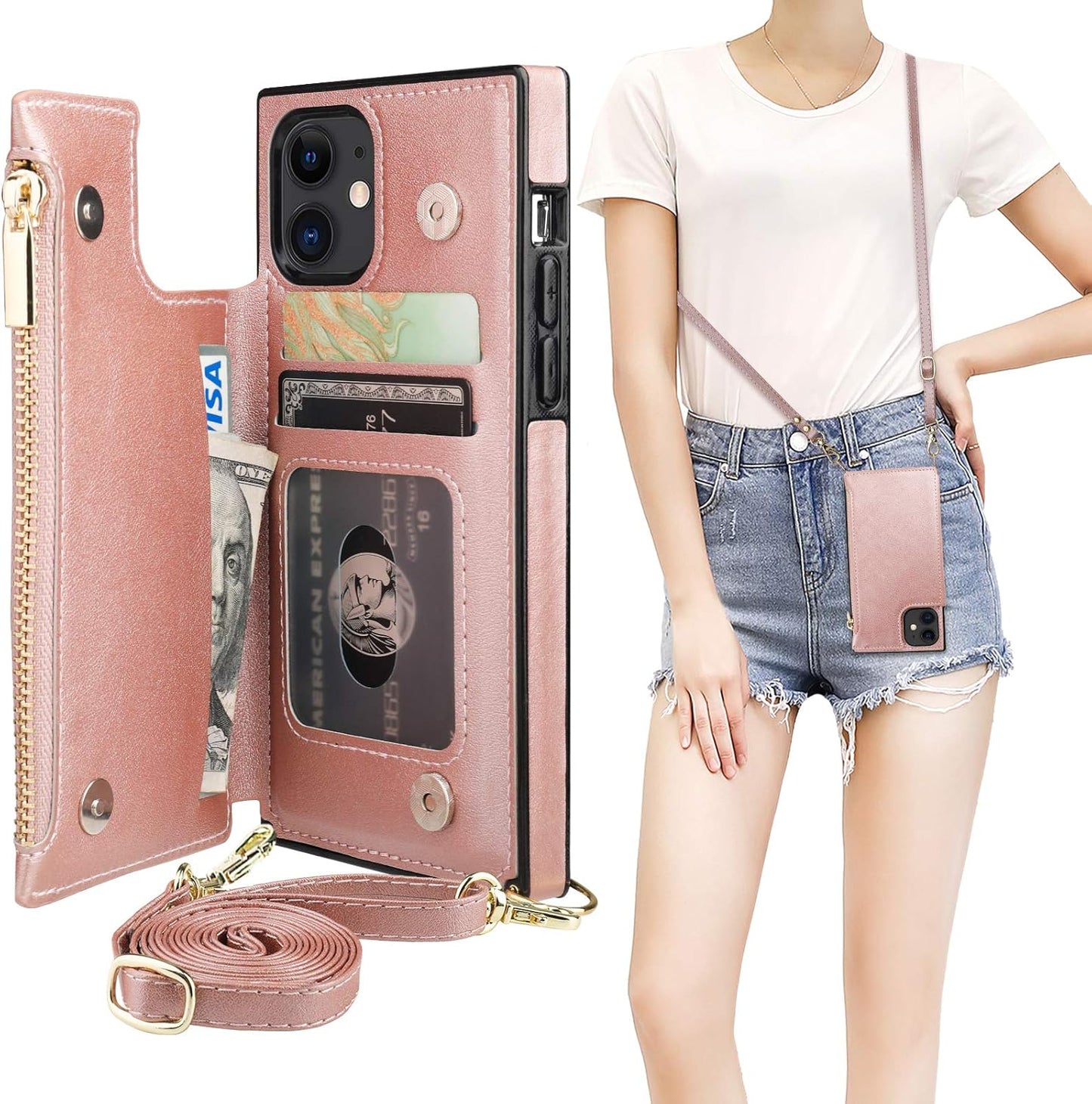 Bocasal Crossbody Wallet Case for iPhone 11 with Card Holder,Zipper Card Slot Protector Shockproof Purse Cover with Removable Cross Body Strap 6.1 Inch(Rose Gold)