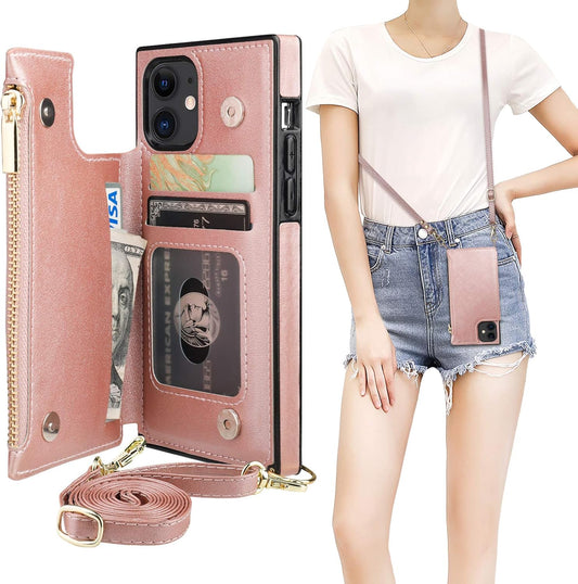 Bocasal Crossbody Wallet Case for iPhone 11 with Card Holder,Zipper Card Slot Protector Shockproof Purse Cover with Removable Cross Body Strap 6.1 Inch(Rose Gold)