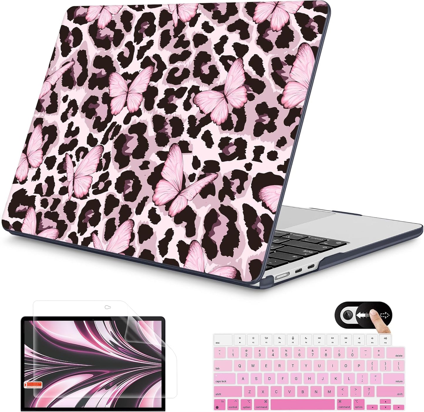 Mektron for 2025 M4 MacBook Air 13.6 Inch A3240 Case Fits 2023 A2681 M2 2024 A3113 M3 Chip with Liquid Retina Display Touch ID, Printed Plastic Hard Shell for MacBook Air 13.6", Leopard Pink Butterfly
