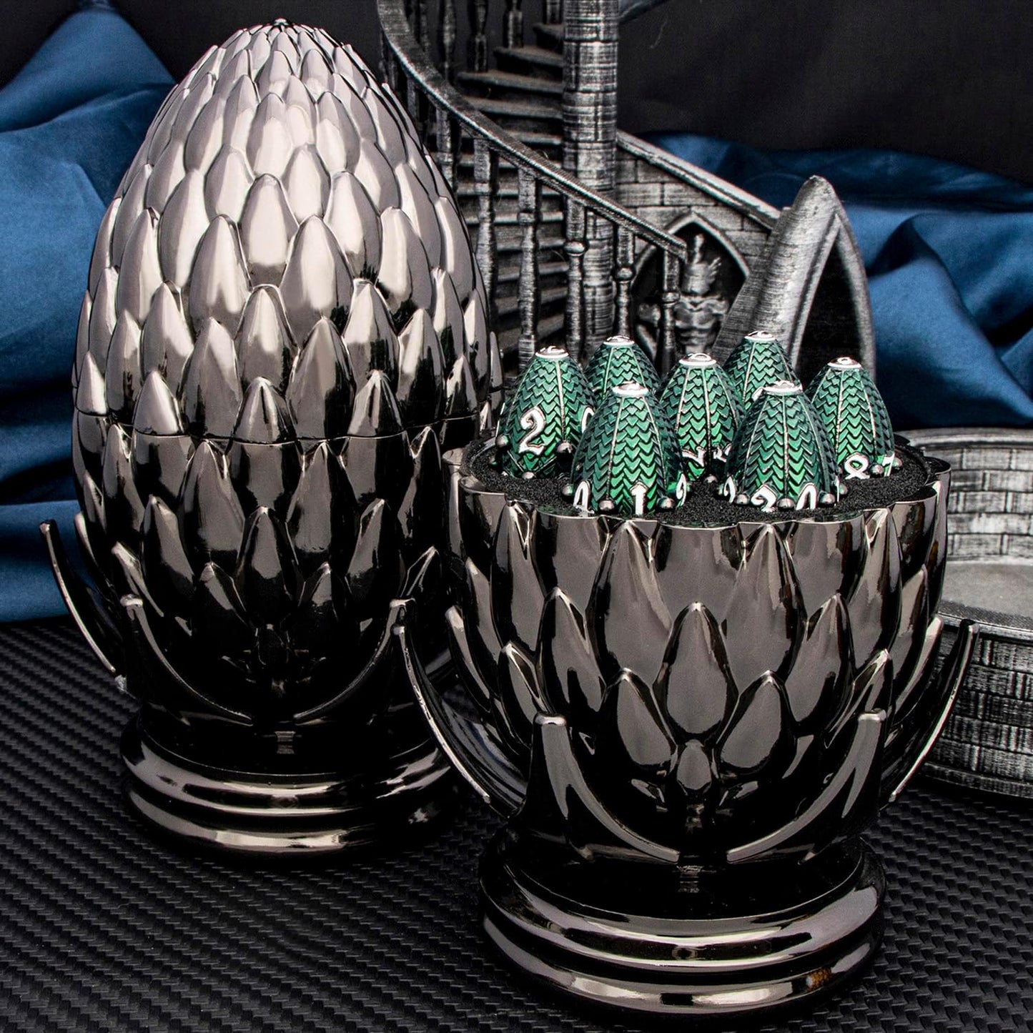 ARUOHHA DND Metal Dice Black Green Dragon Egg Dice with Rotating Dragon Egg Shell, Role Playing Game RPG Polyhedral D and D Dice Set D20 D12 D10 D8 D6 D4