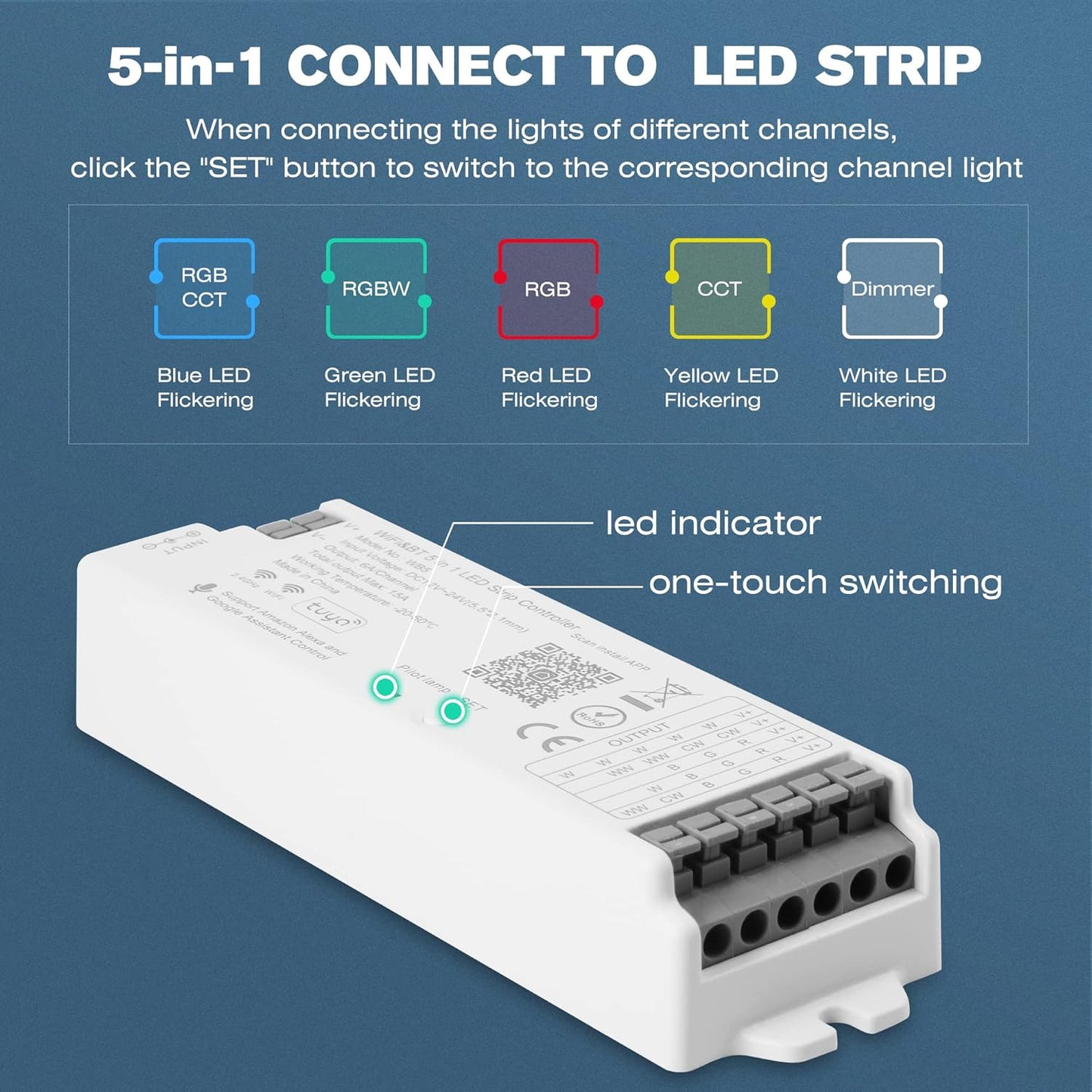 HUSUKU S1 5in1 WB5 2.4GHz Tuya WiFi PWM LED Controller for Dimming CCT RGB RGBW RGBCCT LED Strip, Smart APP Control Fit for Alexa Echo/Google Assistant Home/Siri, RF Control with R1 Remoter