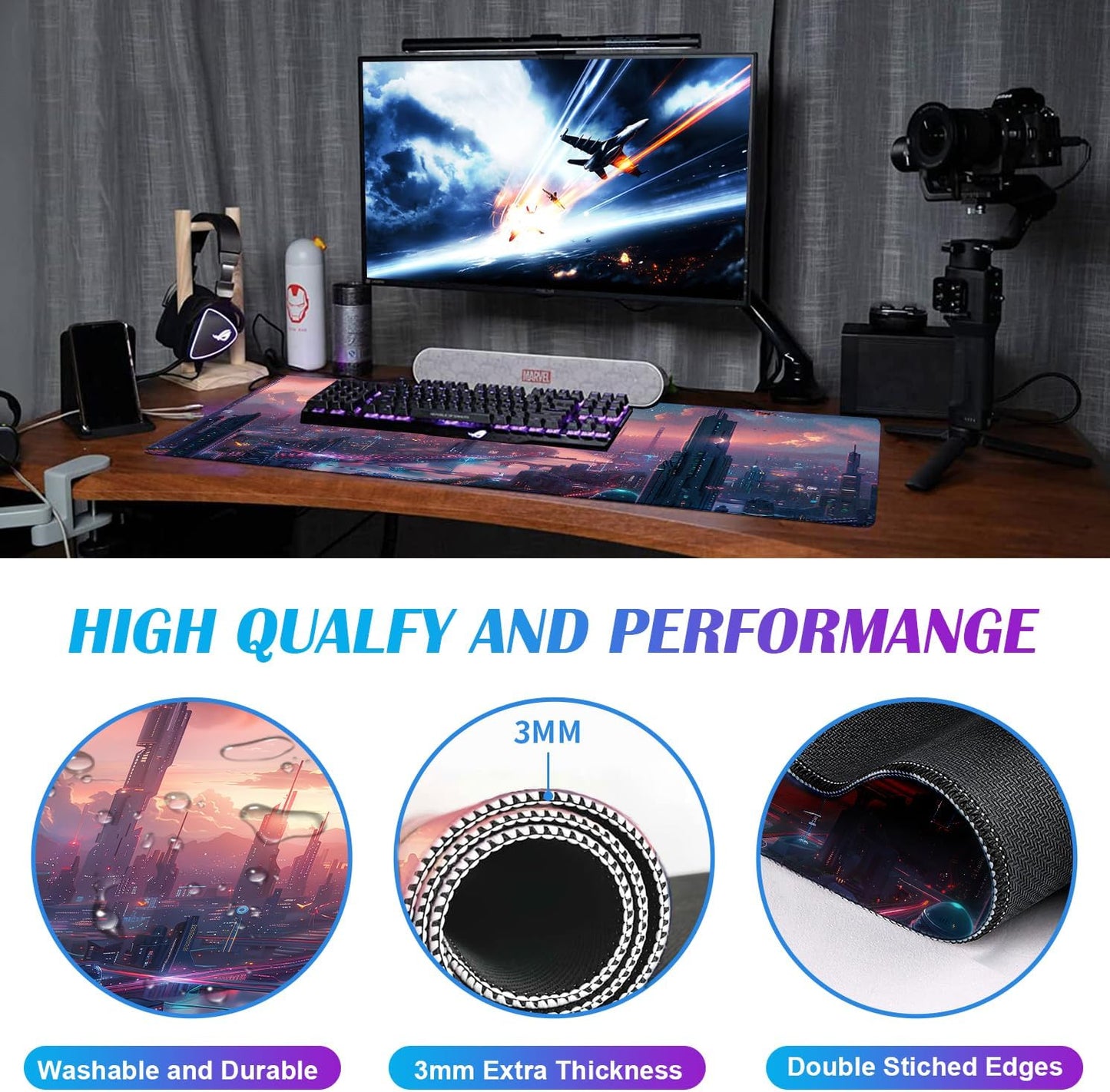Digital Anime City Night View Office Art Desk Mat, Female Aesthetic Style Oversized Stitched Edge Laptop Keyboard Desk Mat 35.4 x 15.7 x 0.12 Inches
