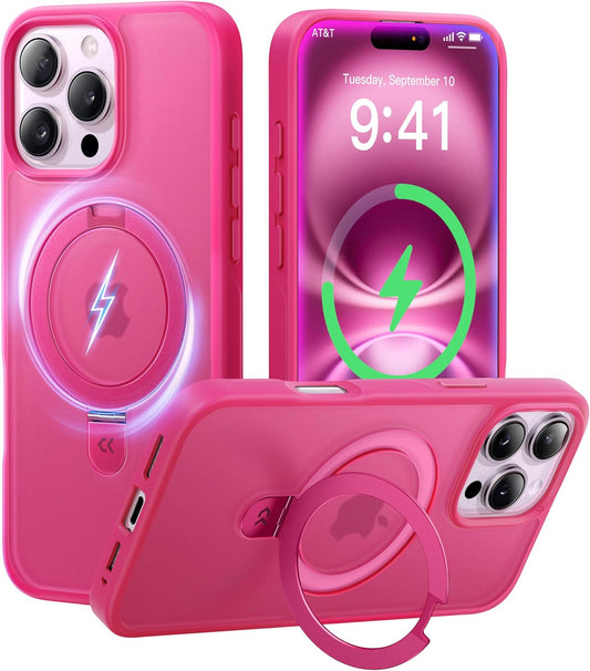 CASEKOO Designed for iPhone 14 Pro Max Case with Magnetic Invisible Stand [Military Drop Protection] [Compatible with MagSafe] Shockproof Slim Translucent Matte Promax Case 6.7 Inch, Hot Pink