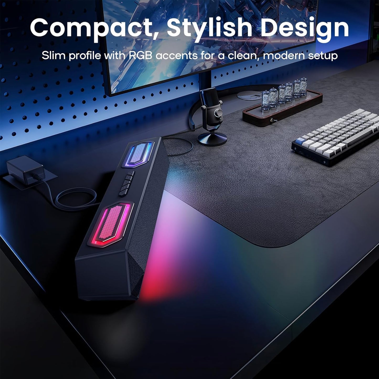 Deeyaple Computer Speakers, 40W Wireless Soundbar for Desktop PC with Bluetooth 5.3 & USB Audio, Dynamic RGB Lighting, Software Custom EQ, External Power Adapter Gaming Speakers, Laptop, Xbox Black