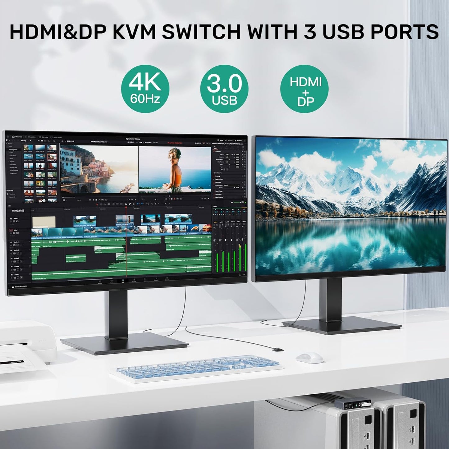 HDMI Displayport KVM Switch, 2 Computers 2 Monitors 4K@60Hz KVM Switcher Dual Monitor for 2 PC, 3 USB 3.0 Ports Support Extended/Mirror Mode with Desktop Controller&2 USB Cables&Power Adapter