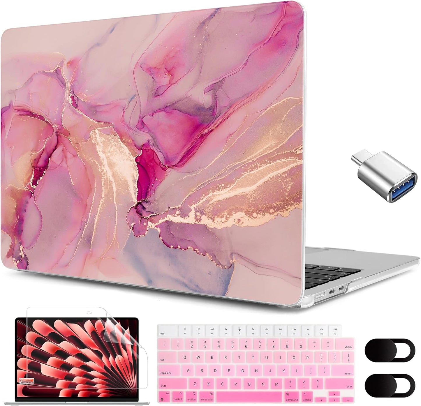 MEEgoodo for M4/M3/M2 MacBook Air 15.3 inch Case 2025 2024 2023, Case Fit Model (A3241/A3114/A2941) for MacBook Air 15 inch, Laptop Hard Shell with Keyboard Cover, Gold Splashes Marble