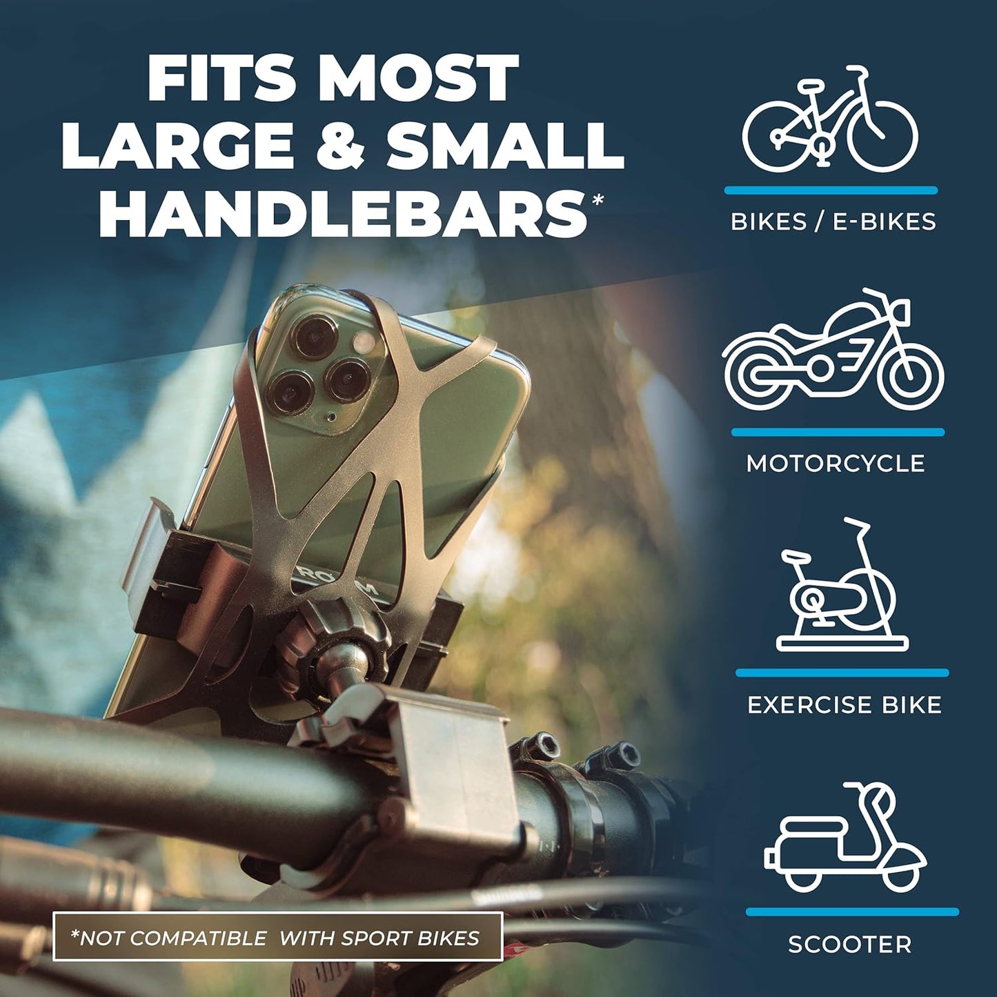 Roam Universal Black Net Bike Phone Mount Holder, 360° Rotation Hands Free Cell Navigation System for Motorcycle eBike Dirt Road Cruiser Scooter Jogging Stroller, Adjustable Up to 3.6" W x 7" L