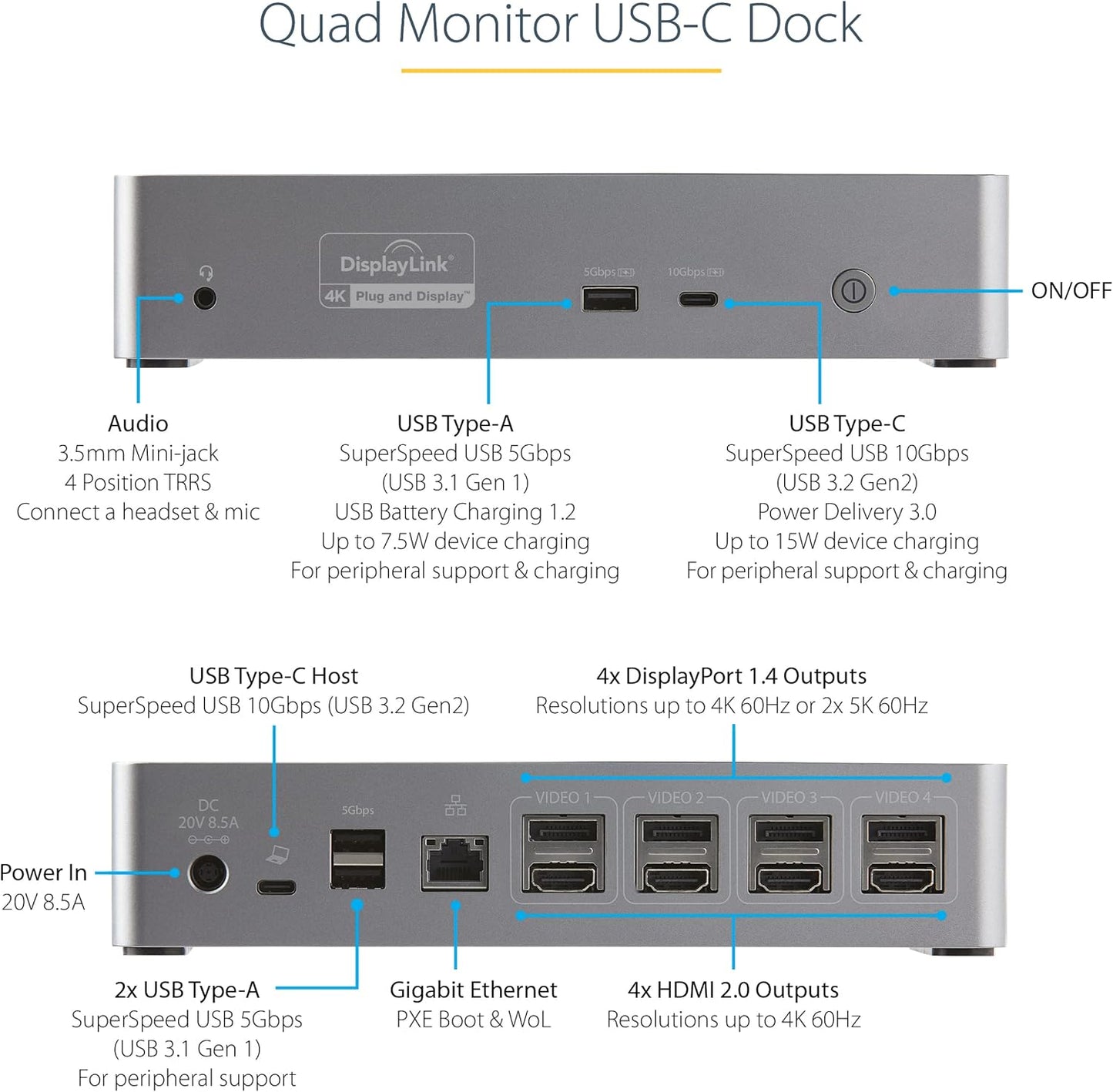 StarTech.com USB-C Quad Monitor Docking Station for MacBook Pro/Air M1 M2 M3 M4 & Windows, Universal 4K 60Hz HDMI DP Dock, Thunderbolt Compatible, 100W Laptop Charging