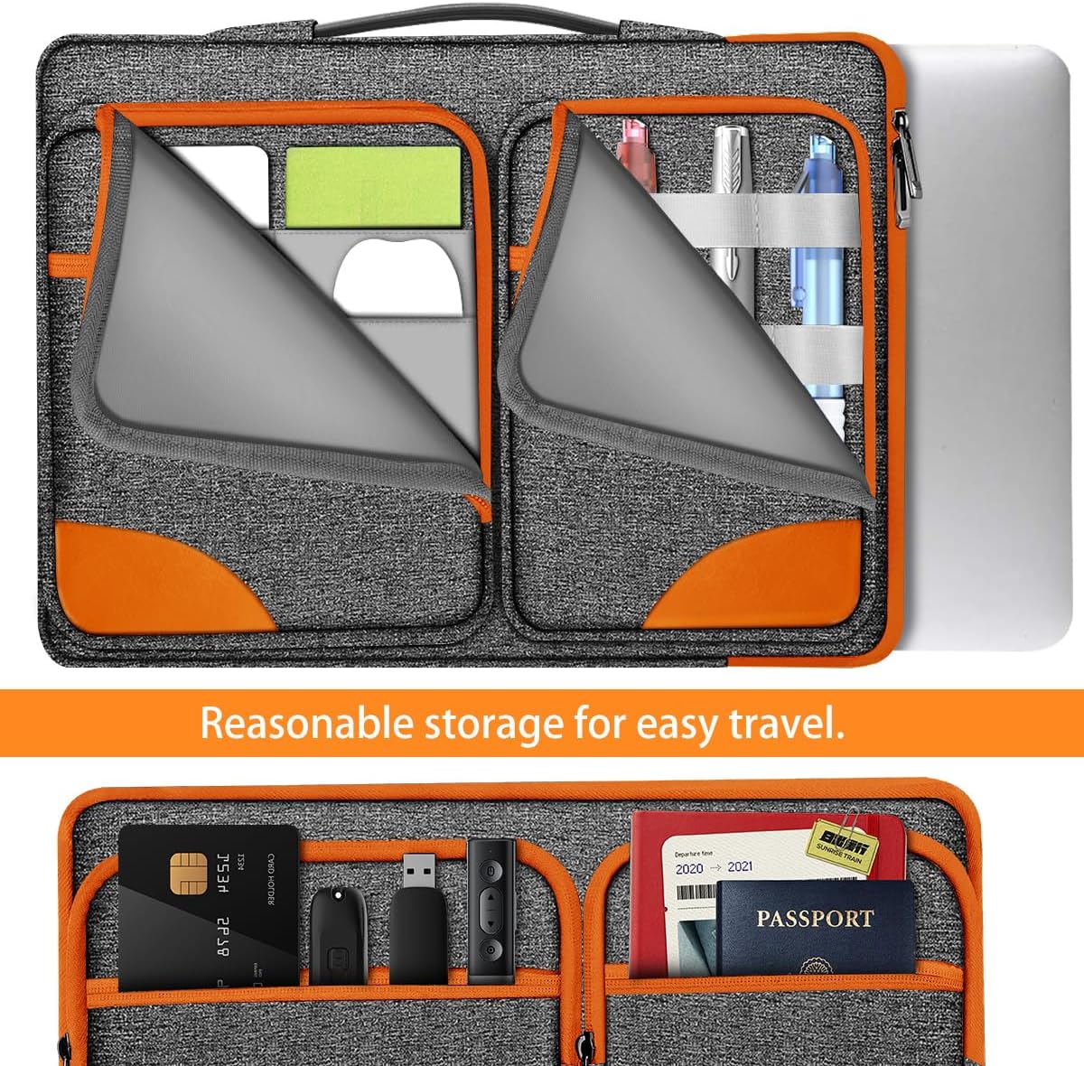 Hseok Laptop Case 15 15.6 16 inch Sleeve with Handle and Hidden Strap,Compatible with MacBook Pro 15.4 16, 360° Protective PC Briefcase with 4 Pockets for Laptop Accessory,Easy to Carrying,Gray-Orange