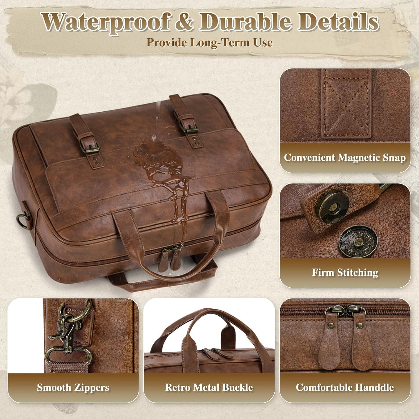 RAINSMORE Messenger Bag for Men 16 Inch Laptop Bag Vintage Leather Waterproof Laptop Briefcases Large Computer Satchel Bag