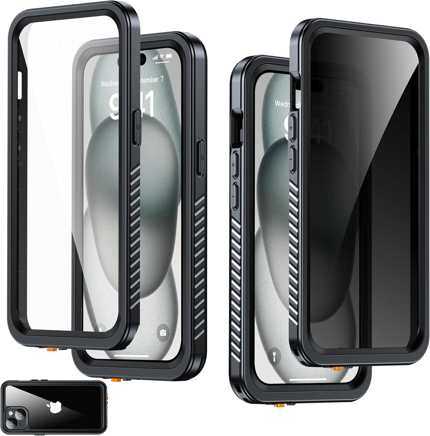 for iPhone 15 Case Waterproof - Built-in Privacy Screen Protector & HD Screen Protector [IP68 Underwater] Shockproof Dustproof Full Body Protection iPhone 15 Phone Case Black