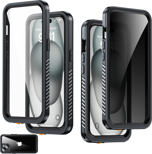 for iPhone 15 Case Waterproof - Built-in Privacy Screen Protector & HD Screen Protector [IP68 Underwater] Shockproof Dustproof Full Body Protection iPhone 15 Phone Case Black