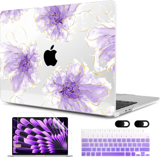 MEEgoodo Case for MacBook Air M4/M3/M2 13.6 inch 2025 2024 2022, Fit Model A3240 A3113 A2681, Compatible with MacBook Air 13 inch, Laptop Hard Shell Case with Keyboard Cover, Purple Ink Flower