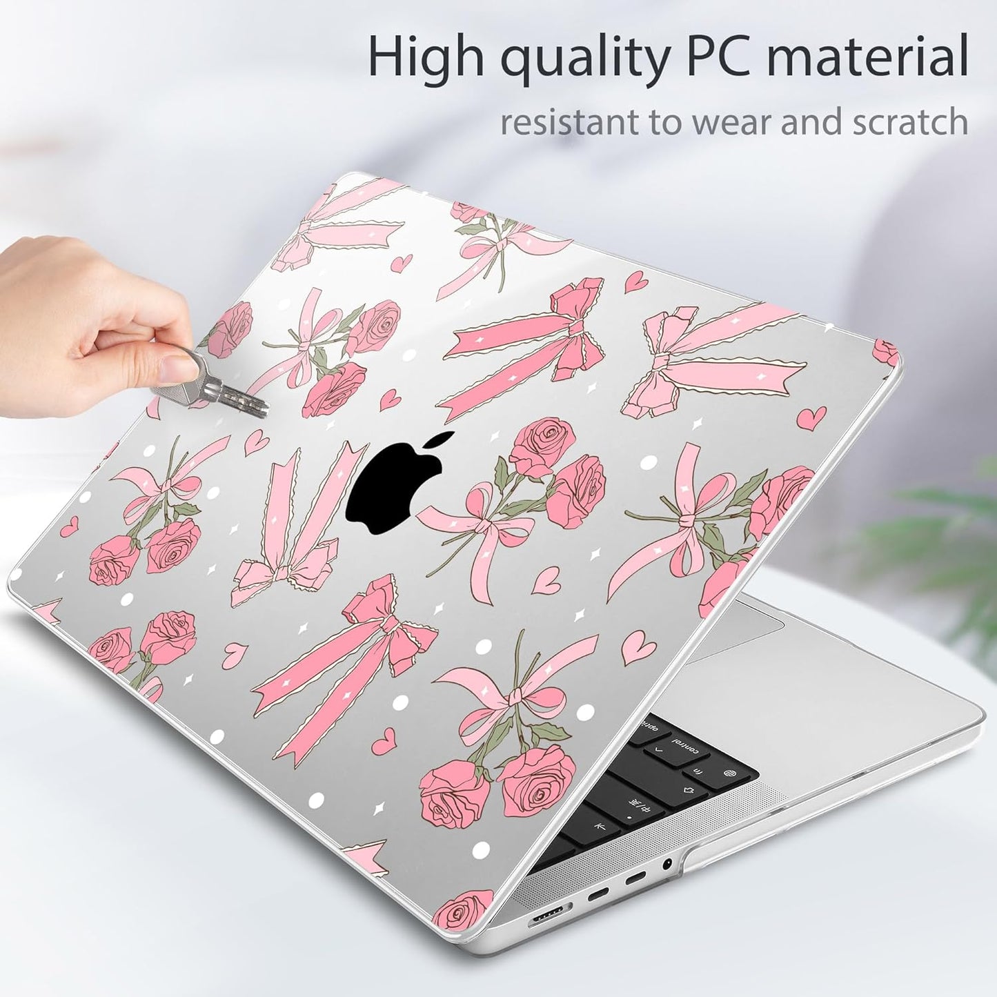 Tuiklol for MacBook Pro 14 Inch Case 2024-2021 Release M4 A3112 A3401 A3185/M3 A2918 A2992/M2 A2779/M1 A2442 Pro/Max,Hard Shell Case with Screen Protector for Touch ID,Bow & Rose-White