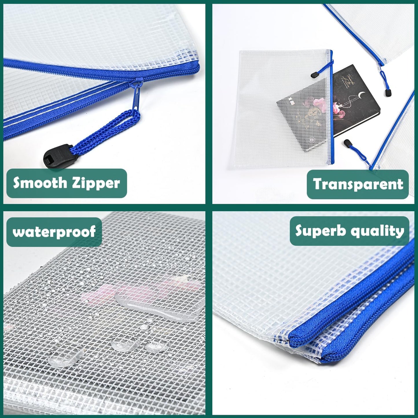 AUSTARK 20 Pcs Zipper File Bags, Plastic Mesh Pouch, Board Game Storage Bag, Waterproof Bags for Office School (A4 Size 13.4''x9.4'', White and Blue)