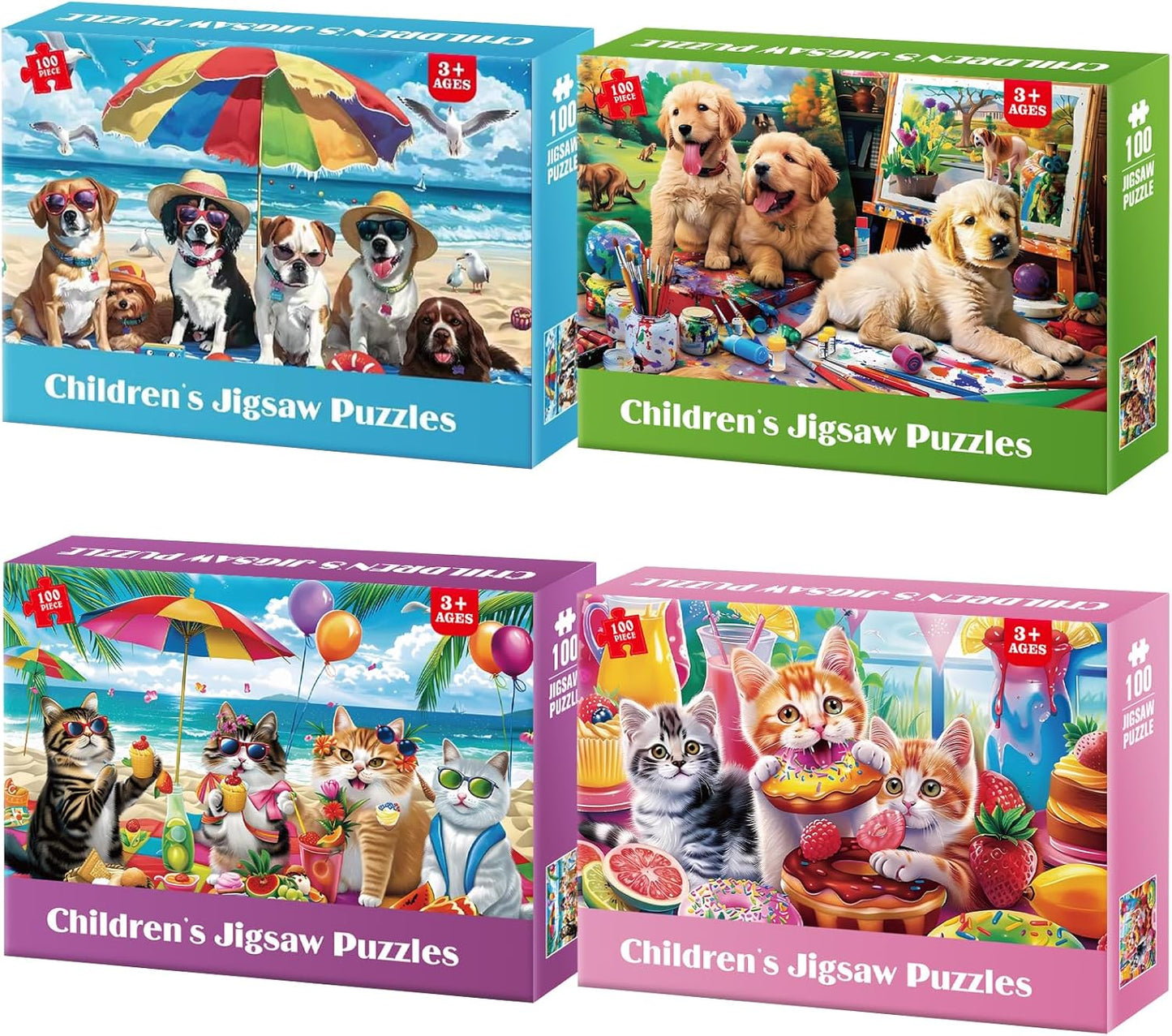 4-Pack 100 Piece Puzzles for Kids Ages 4-6 - Cats & Dogs Puzzles for Kids Ages 6-8 Kid Puzzle Educational Search & Find Toy Preschool Large Piece Puzzle for Adults Seniors