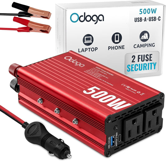 500W Car Power Inverter 12v to 110v – Car Adapter for Plug Outlet, DC to AC Converter, USB/USB-C Fast Charger for Laptop, Phone, Dual AC – for Vehicle, Pickup Truck, Roadtrip, Camping by Odoga