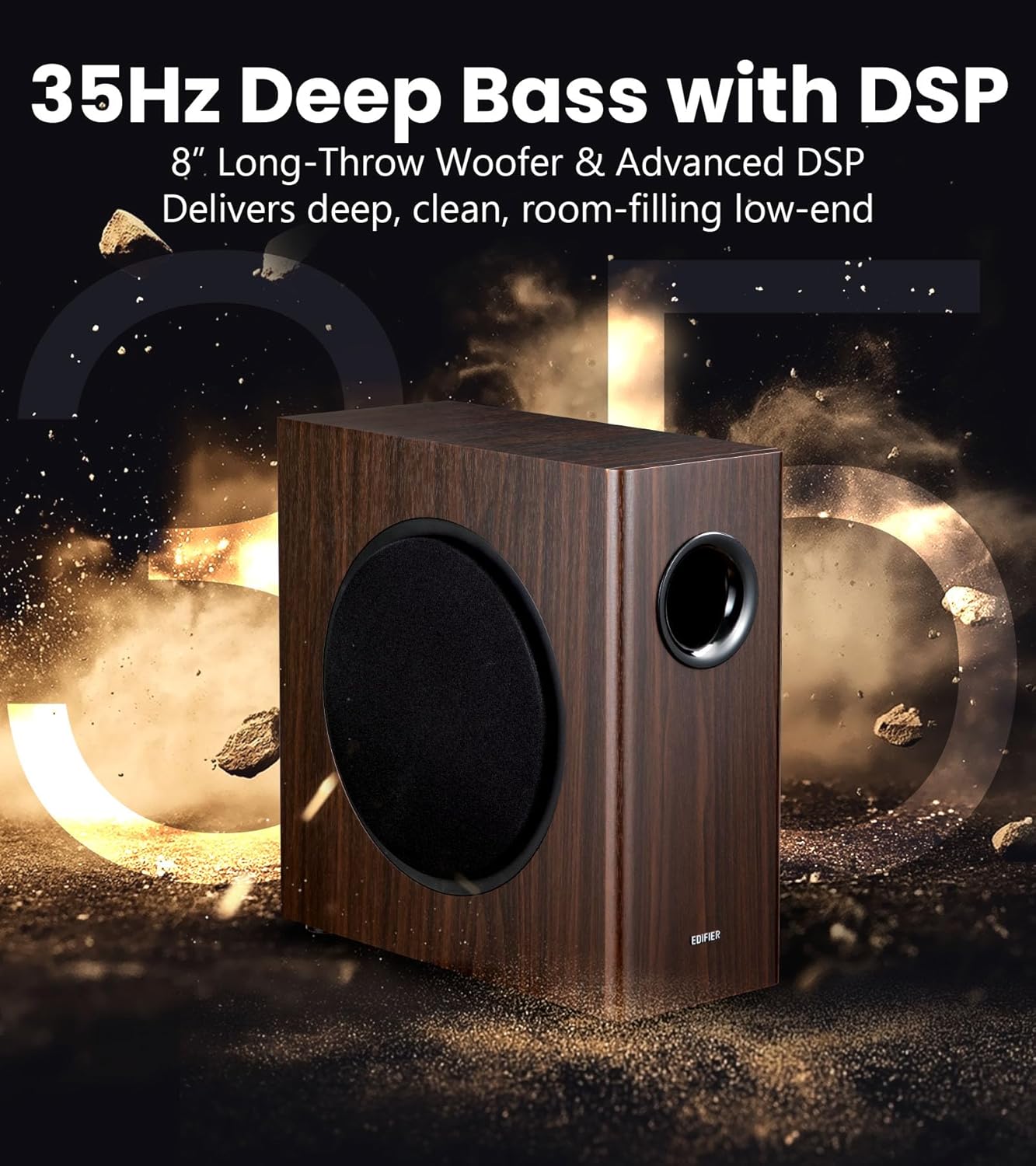 Edifier T5s Powered Active Subwoofer with 70W RMS, 8" Long-Throw Woofer, Deep Bass (35Hz) Speaker, Built-in Amp, Low Distortion, Phase Selector & Energy-Efficient for Home & Studio Audio, Brown