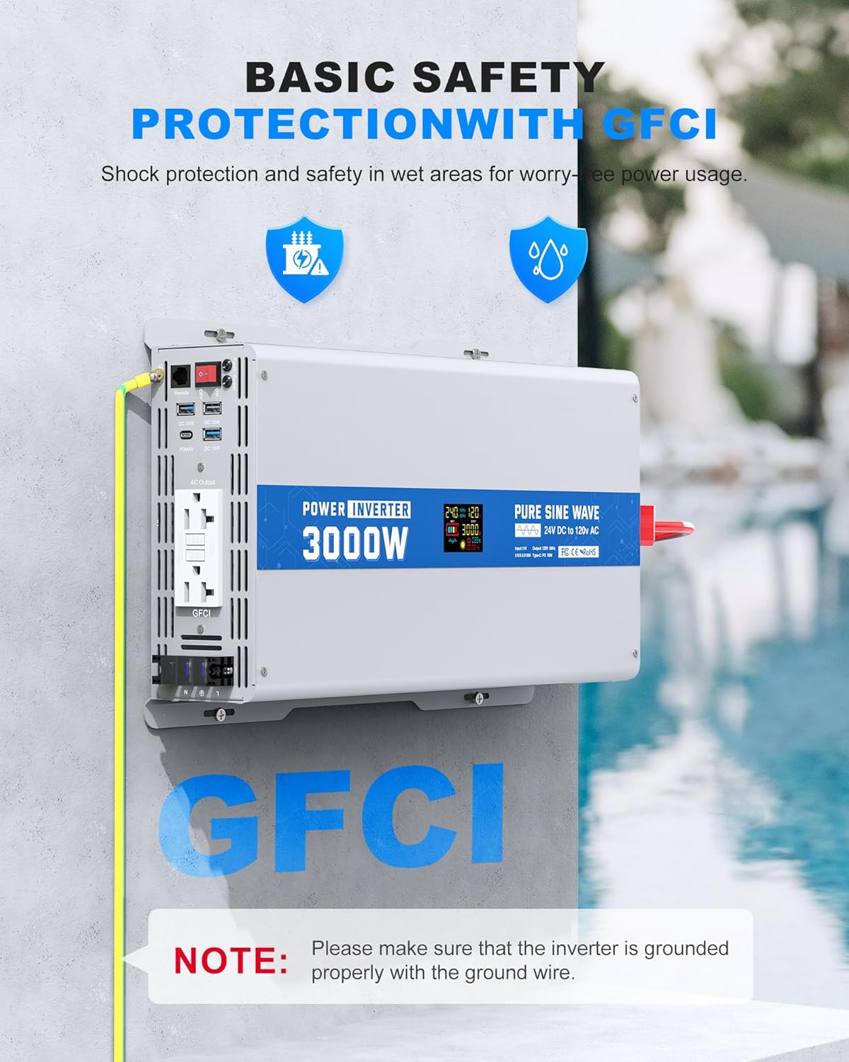 3000W Pure Sine Wave Power Inverter 24V DC to 120V AC Converter 6000 Watt Peak Power Multi-Display Screen with 2 GFCI Outlet 30W USB and 18W Type-C for Car RV Truck Boat Off-Grid, Gray Blue