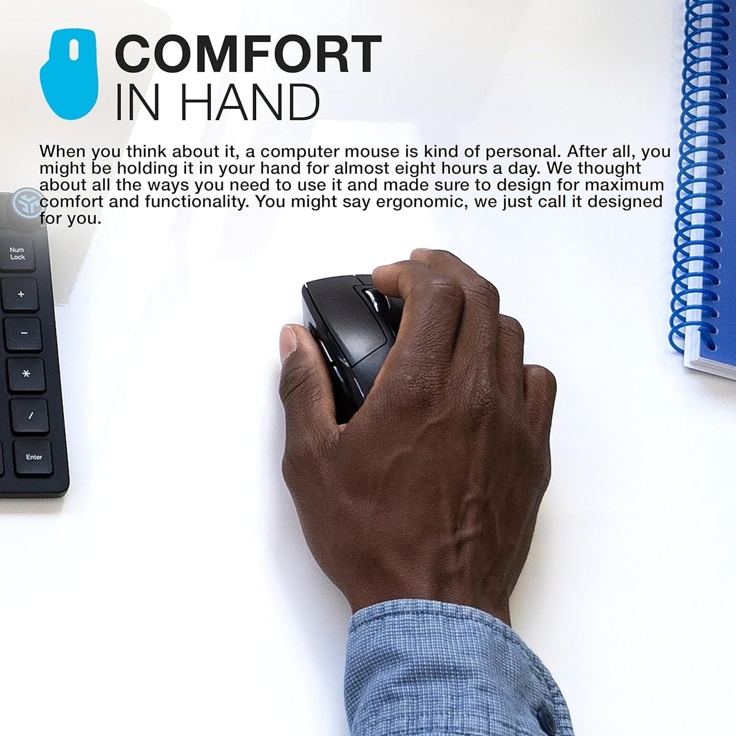 JLab JBuds Wireless Mouse, Connect Via Bluetooth or USB Wireless Dongle, Multi-Device Toggle, Up to Three Devices, Custom User Profiles, Adjustable Tracking, Full-Size, Rechargeable, (1 Pack)