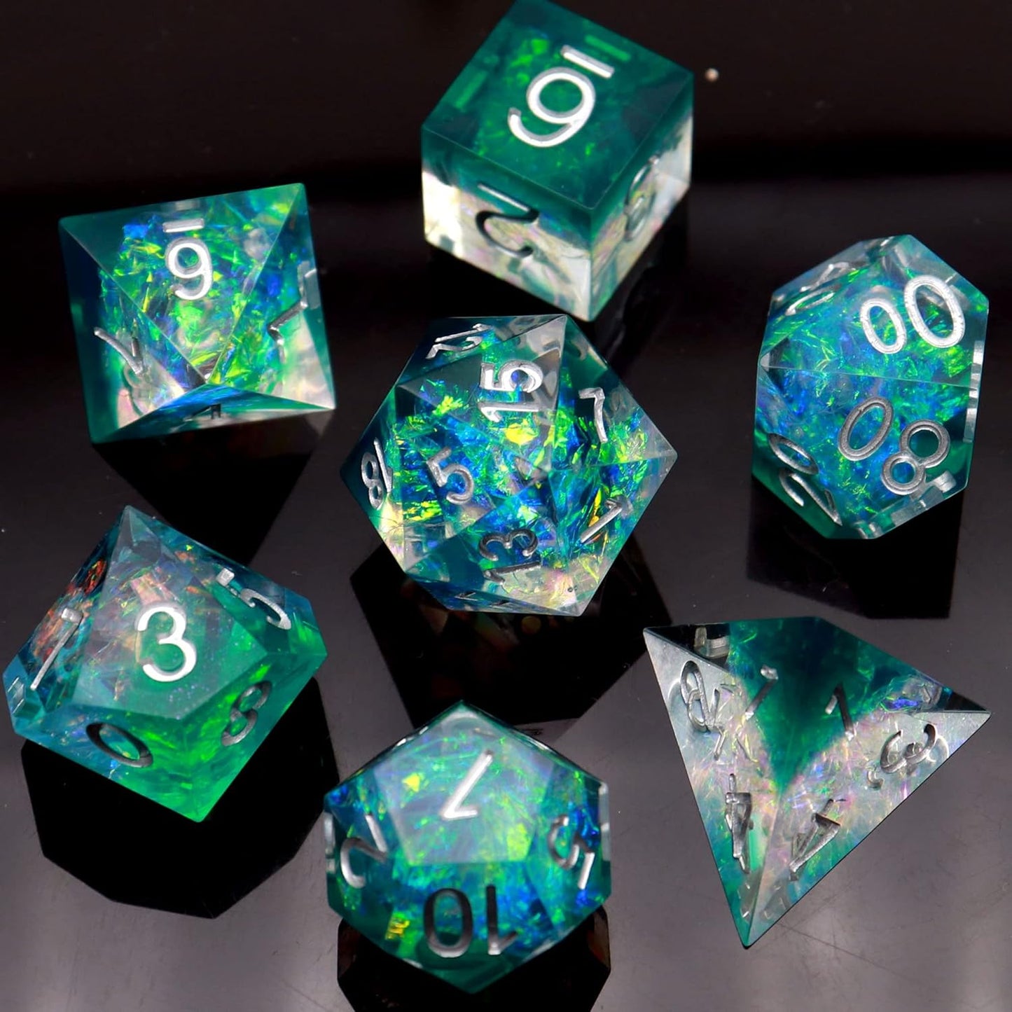 Haxtec DND Dice Set Sharp Edge Resin Dice Iridecent Inclusion with Dice Case Green D&D Dice for RPG Role Playing Games Compatible with Dungeons and Dragons Gift Galaxy Series