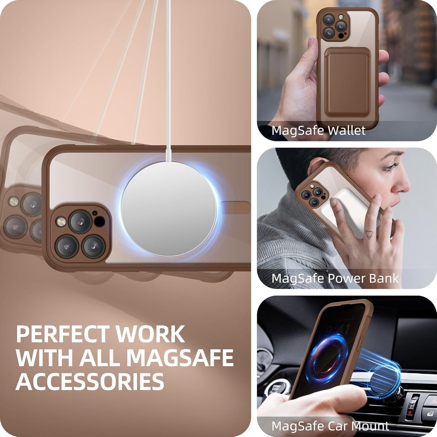 BERFY Magnetic for iPhone 13 Pro Max Case, Compatible with MagSafe, Built-in Privacy Screen Protector and Upgraded Camera Protection, Anti-Spy Full Body Shockproof Phone Case for 13 Pro Max 6.7",Brown