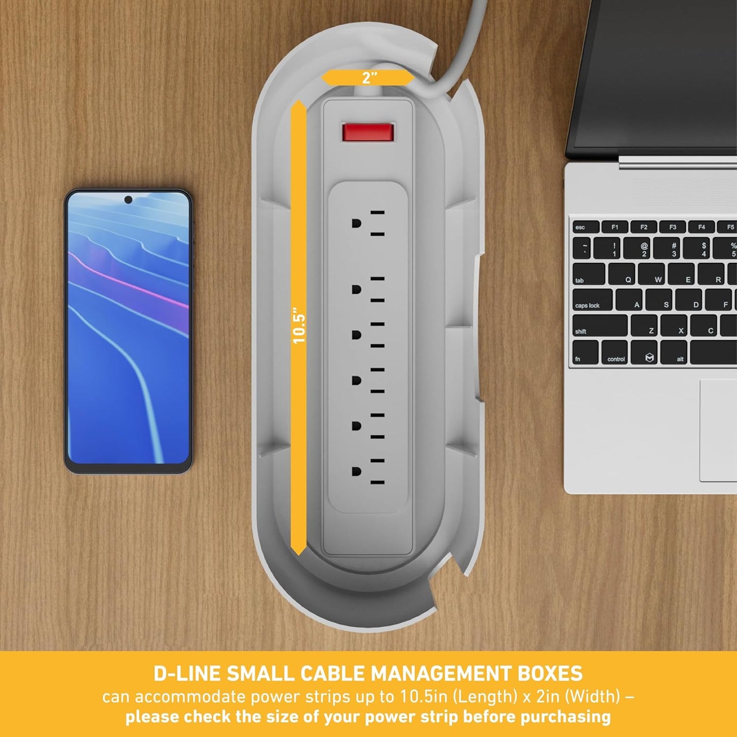 D-Line Cable Management Box, Power Strip Holder, Floor Outlet Hider, Desk Cord Organizer, Cover TV Wires, 12.75" (L) x 5" (W) x 4.5" (H), for use with Power Strips up to 10.5in Length - Small, White