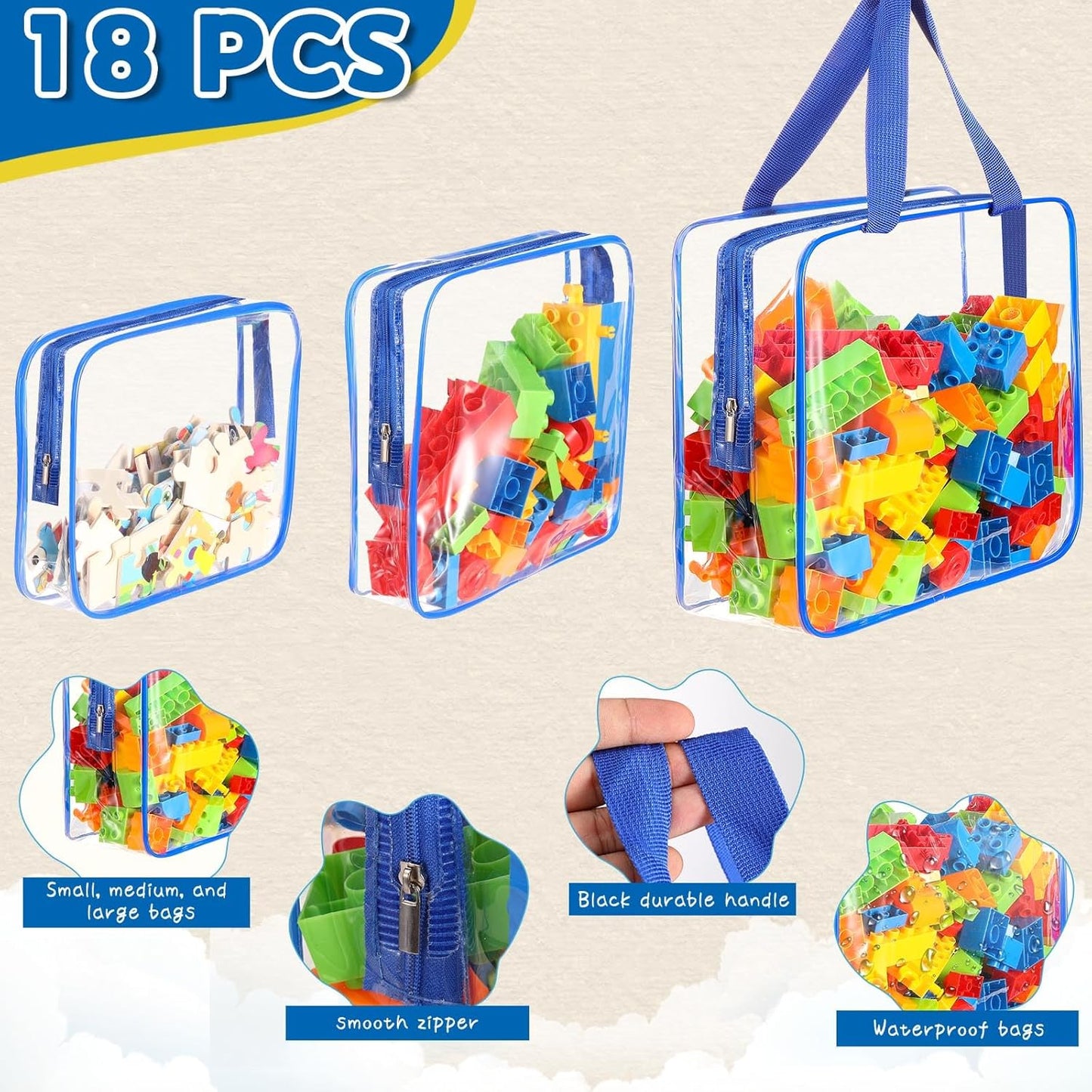 18 Packs Large Toy Storage Bags with Labels, Clear PVC Bags Travel Waterproof Kids Toy Organizer Bags with Zipper for Building Blocks Puzzle Kids Books (Blue)