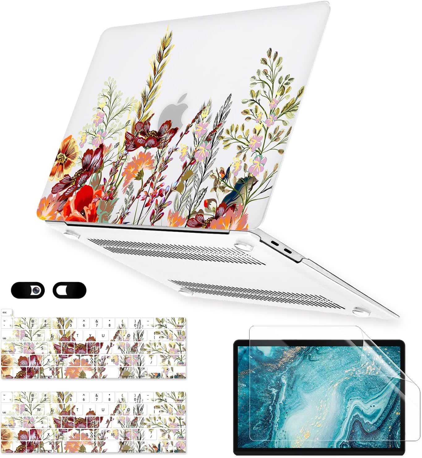 Case for MacBook Pro 13 inch M2 M1 A2338 A2289 A2251 A2159 A1989 A1706 A1708 2023-2016 Release, Matte Clear Cover & Keyboard Cover & Screen Protector for Pro 13.3 with Touch ID, Field Flowers