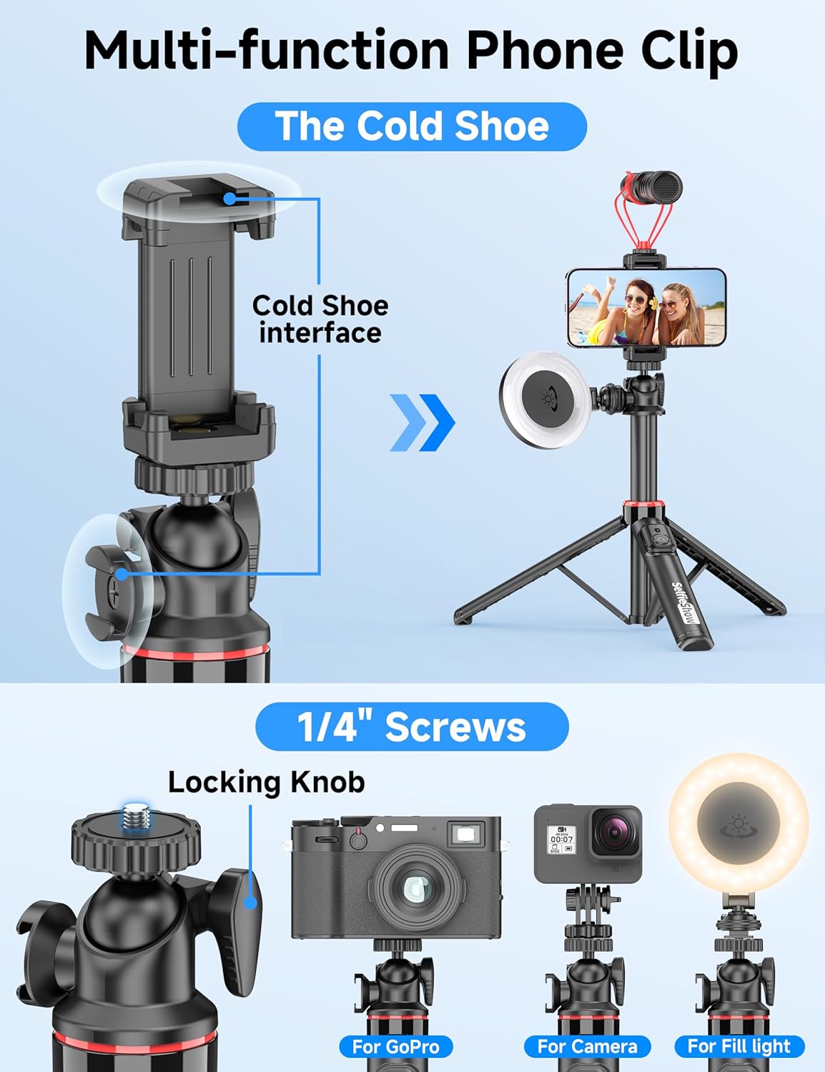 Aluminum Selfie Stick Phone Tripod, 360° Ball Head Selfie Stick for iPhone with Cold Shoe, Extendable Smartphone Tripod Stand with Remote Portable Travel Tripods Compatible with iPhone 16/15/Android