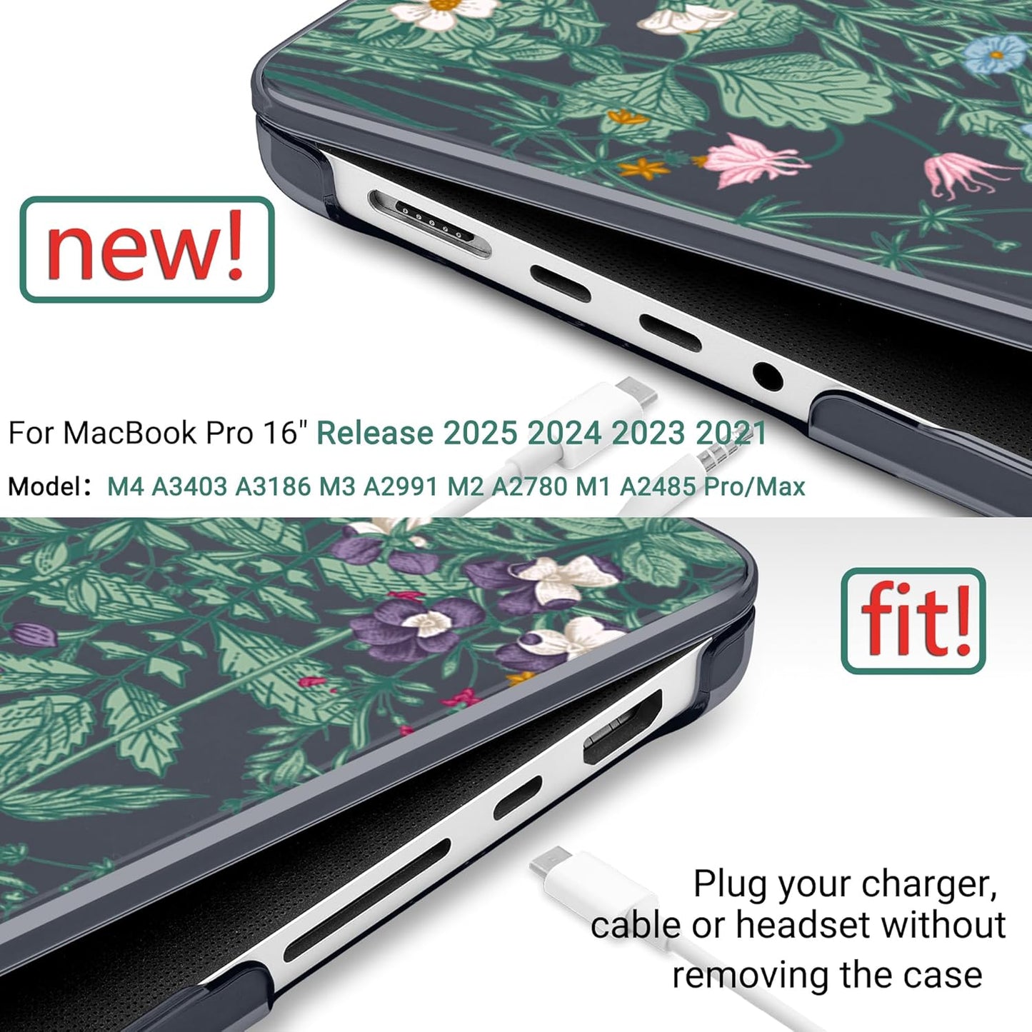 DONGKE for M4 MacBook Pro 16 Inch Case 2024 2023 2021 A3403 A3186 M3 A2991 M2 A2780 M1 A2485 Pro/Max Chip, Plastic Hard Shell Case & Keyboard Cover for Mac Pro 16 with Touch ID, Black Garden Florals