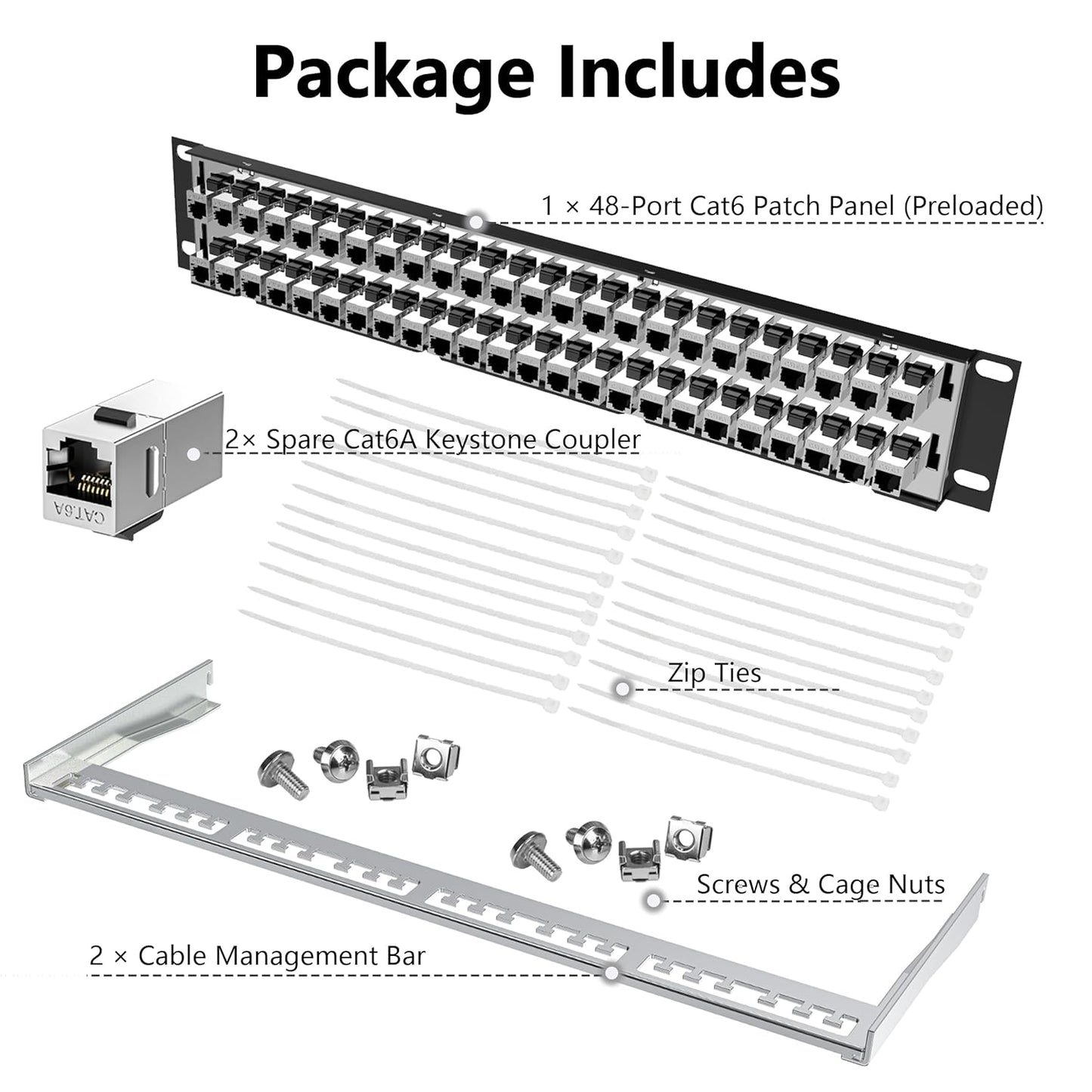 Jadaol 48 Port Shielded Patch Panel Rack or Wall Mount 19-Inch, 2U Cat6A Network Panel Preloaded with 48 Keystone Couplers Plus 2 Spare, 10Gbps Ethernet Panel with Cable Management & Back Support Bar