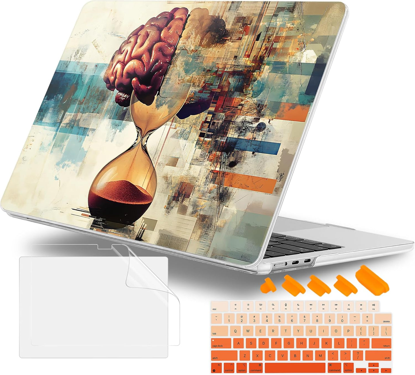 Case for MacBook Air 15 Inch 2025 2024 2023 Release M4 A3241 M3 A3114 M2 A2941, Hard Shell with Screen Protector & Keyboard Cover, Compatible with Touch ID, Brain & Hourglass