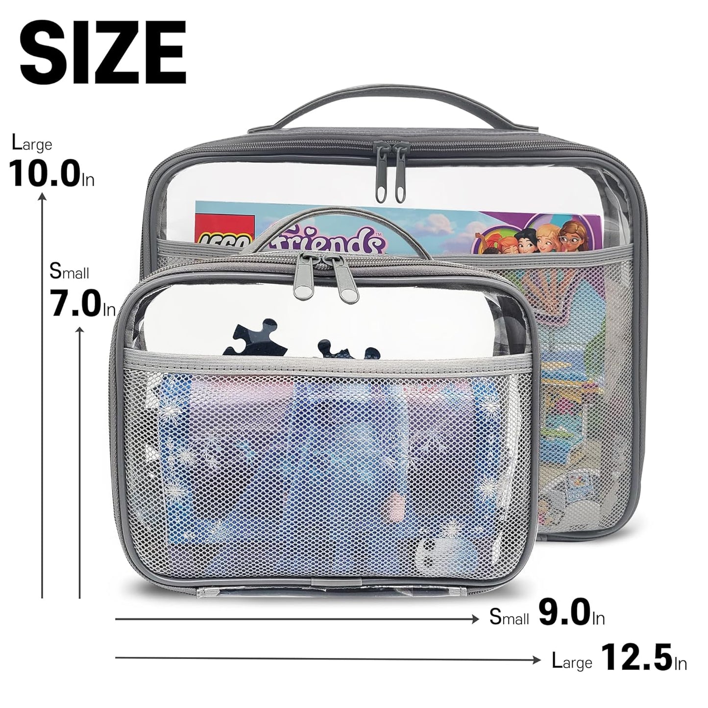 holay 4 Packs PVC Zippered Blocks Set, Toy, Clay, Board game Storage Organizer Case (Name Tag, Manual Pocket) (Gray, Small, Large)