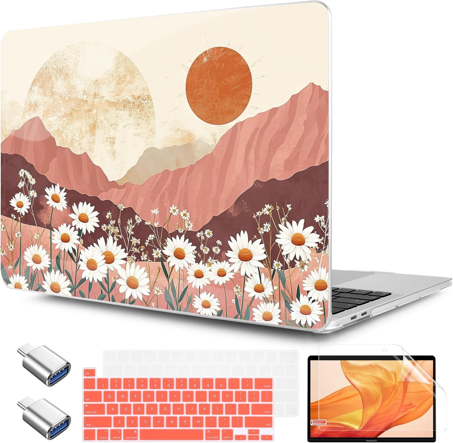 TWOLSKOO Compatible with MacBook Pro 13 inch Case 2023-2016 A2338 M2/M1 A2251 A2289 A2159 A1989 A1706, Plastic Hard Shell Cover & Keyboard Skin & Screen Protector, Mountains & Daisies