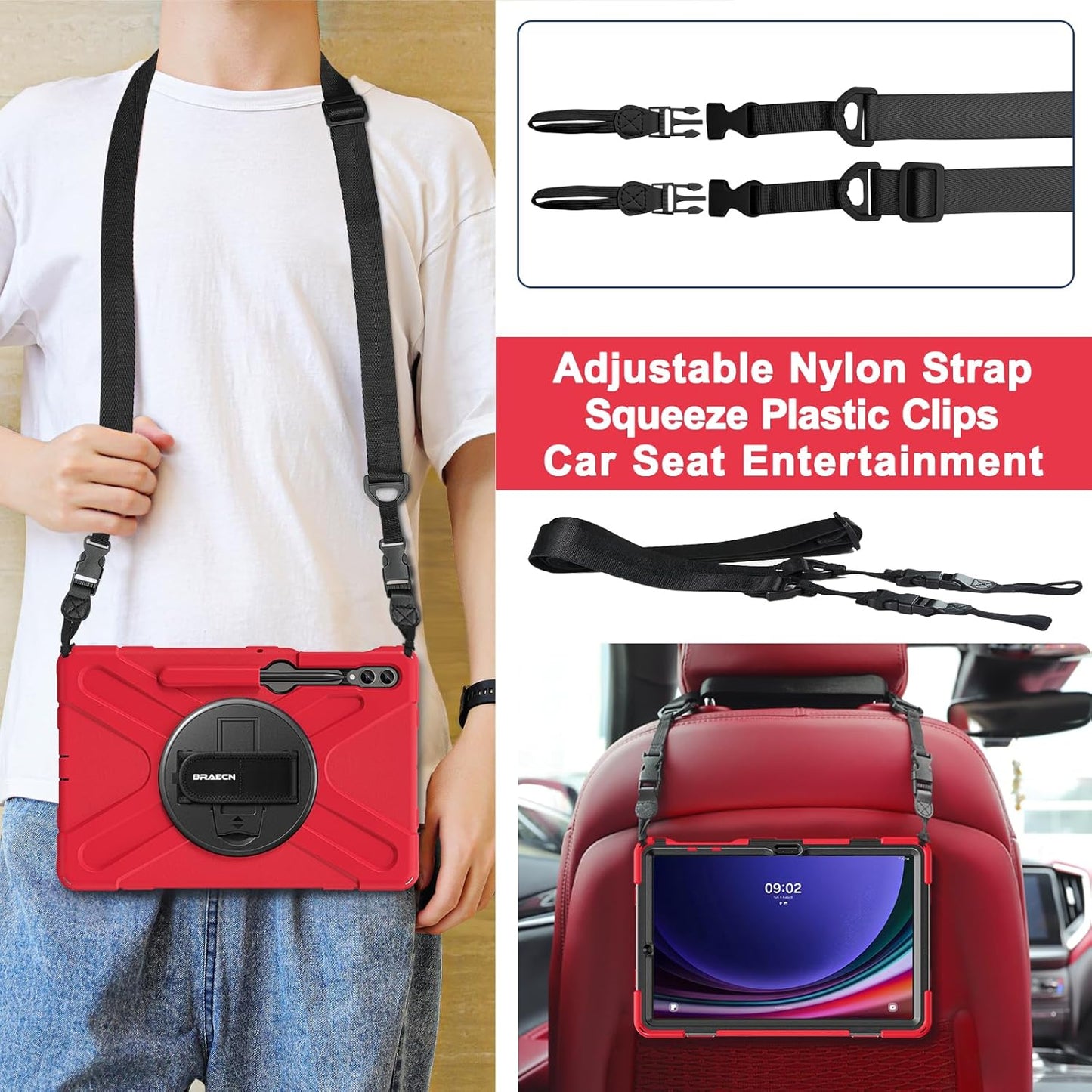 BRAECN for Galaxy Tab S10 Plus/S9 FE+/S9+/S7+/S8+/S7 FE 12.4 inch Case,Heavy Duty Shockproof Case with Carrying Shoulder Strap, S Pen Holder, Kickstand, Hand Strap for Samsung Galaxy Tab S10+-Red