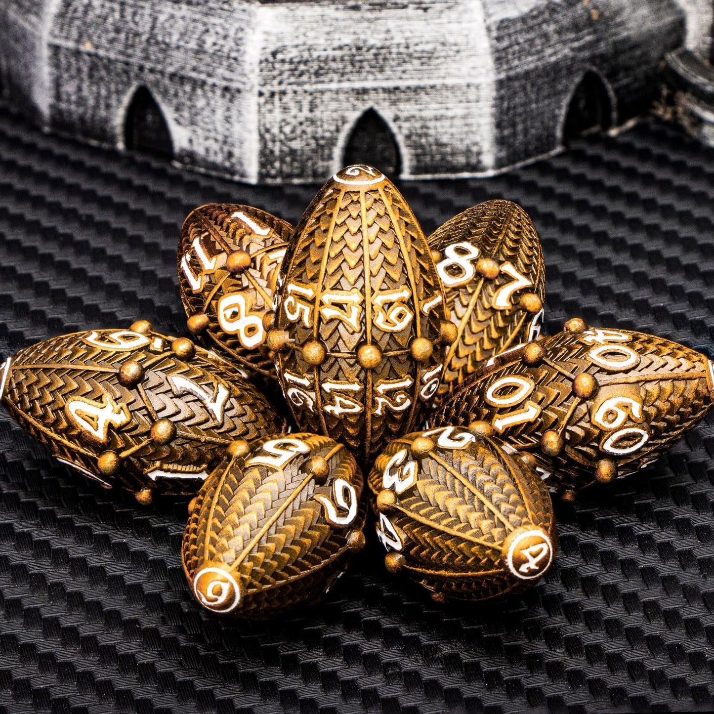 ARUOHHA DND Metal Dice Antique Gold Dragon Egg Dice with Rotating Dragon Egg Shell, Role Playing Game RPG Polyhedral D and D Dice Set D20 D12 D10 D8 D6 D4