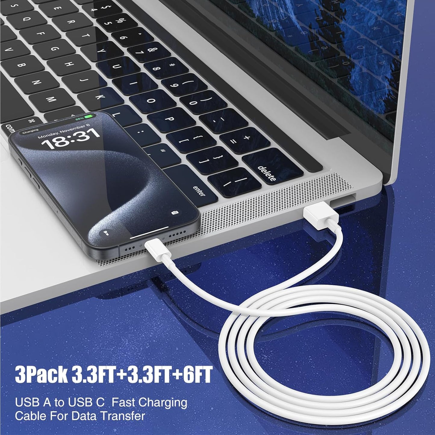 Car Carplay Cable for iPhone 16 15 Pro Plus Pro Max，3-Pack [3.3FT+3.3FT+6FT] USB A to USB C Cable for iPhone 16 15，for iPad Pro/Air/Mini，for Samsung Galaxy S24/S23/S22，for MacBook Pro/Air and More