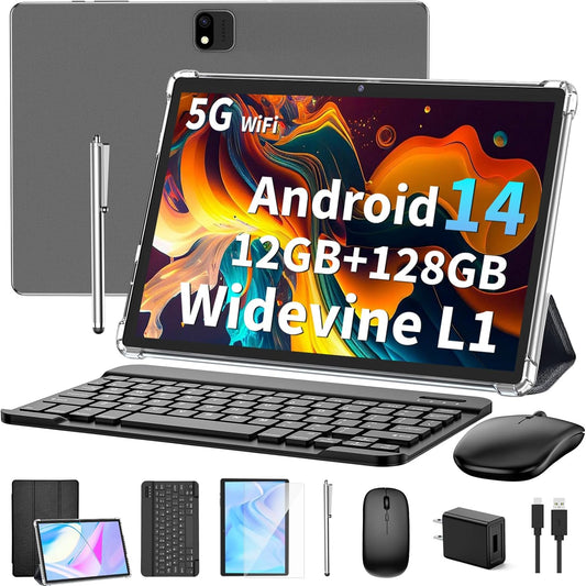 Android 14 Tablet with Keyboard, 12GB RAM (6+6), 128GB Storage, 1TB Expandable, 8000mAh Battery, 10 Inch 2-in-1 Tablets, Includes Case, Mouse & Stylus（Black）