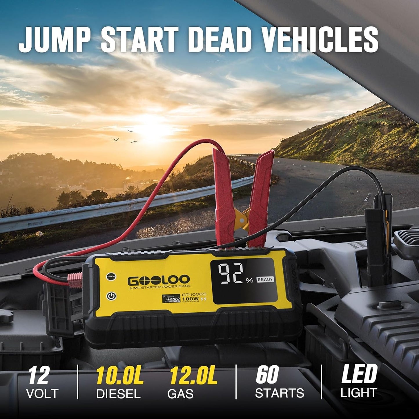 GOOLOO GT4000S Jump Starter 4000A Car Jumper Starter (Up to 10L Diesel All Gas Engines), 100W Fast-Charging Lithium Jump Box, SuperSafe Portable Car Battery Charger Power Bank for 12V Vehicles, Yellow