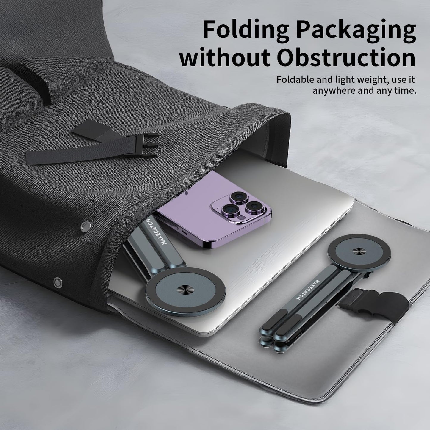 Adjustable Laptop Stand for Desk, Magnetic Phone Holder with Magsafe Compatibility, Portable Foldable Computer Riser for MacBook, iPhone, iPad, Tablet - Perfect for Office, Home, Traveling